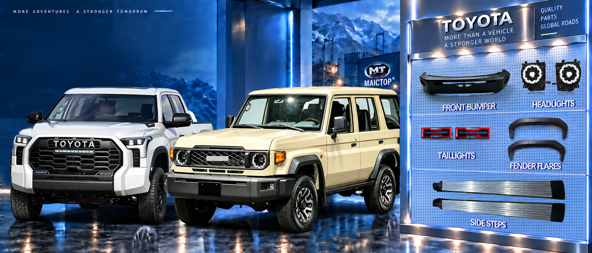 Toyota Tundra and Land Cruiser beside a blue showroom exterior parts display